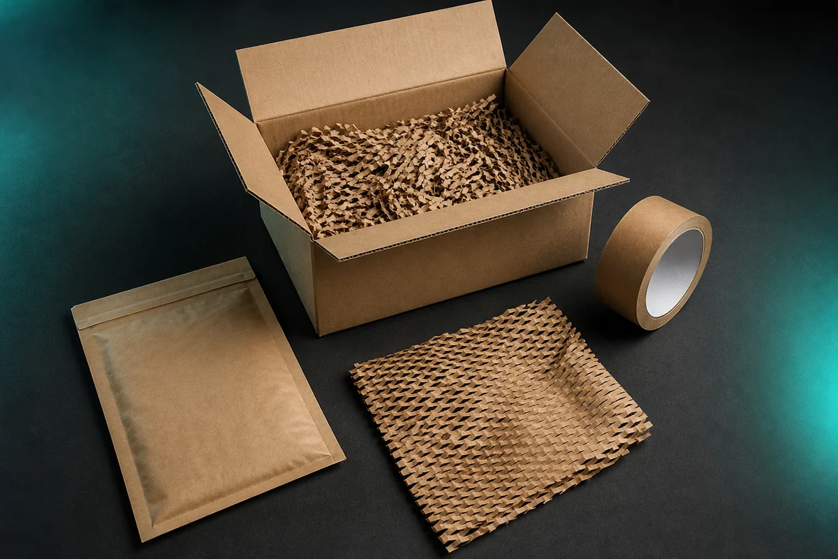 Caja de envío, relleno de papel, sobre y cinta añadidos por el vendedor