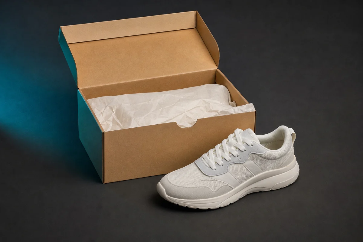 Zapato sin marca junto a su caja original